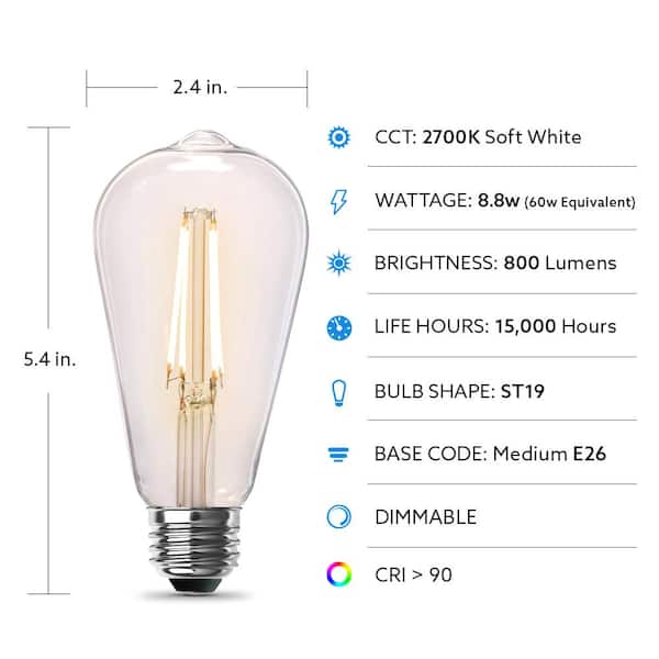 Feit Electric 60W Equivalent ST19 Dimmable LED Clear Glass Vintage Edison Light Bulb With Straight Filament Warm White (8-Pack) Feit Electric 60W Equivalent ST19 Dimmable LED Clear Glass Vintage Edison Light Bulb With Straight Filament Warm White (8-Pack)