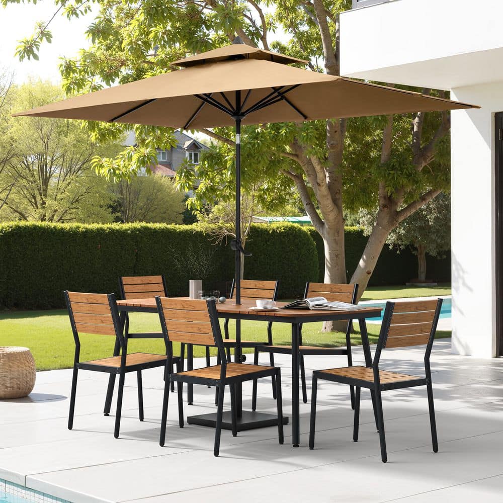 9-Piece 71 in. Brown Aluminum Wood-Like Outdoor Dining Set w/ Armless chairs, Market Patio Double Top Umbrella and Base price history on PriceWatchPro