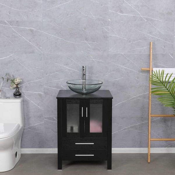 eclife 24 in. W x 20 in. D x 32 in. H Single Sink Bath Vanity in Black with Clear Glass Vessel Sink Top Chrome Faucet Set