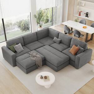 121.3 in. Corduroy L-Shaped Sectional Sofa in. Gray with 2 Movable Ottomans