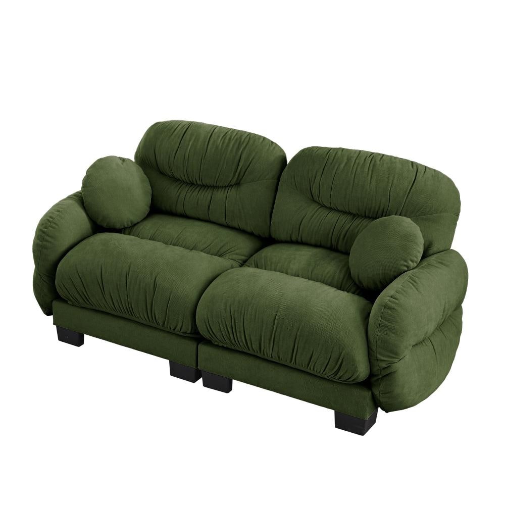 Pleated Design Cozy Chenille Fabric 2 Seater Modular Sofa with Curved Round Armrests and 2 Throw Pillows in Green
