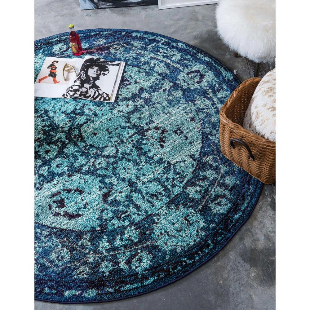 Fleur Intricate Pattern Navy to Light Blue Round Rug - 6'