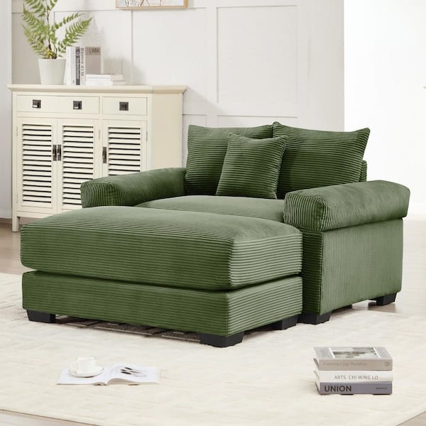 Regal 54.3 in. Square Arm Corduroy Upholstery Rectangle Sofa in Green with Ottoman, Throw Pillows