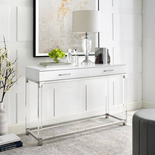 Inspired Home Caspian 48 in. White/Chrome Standard Rectangle Wood Console Table with Drawers