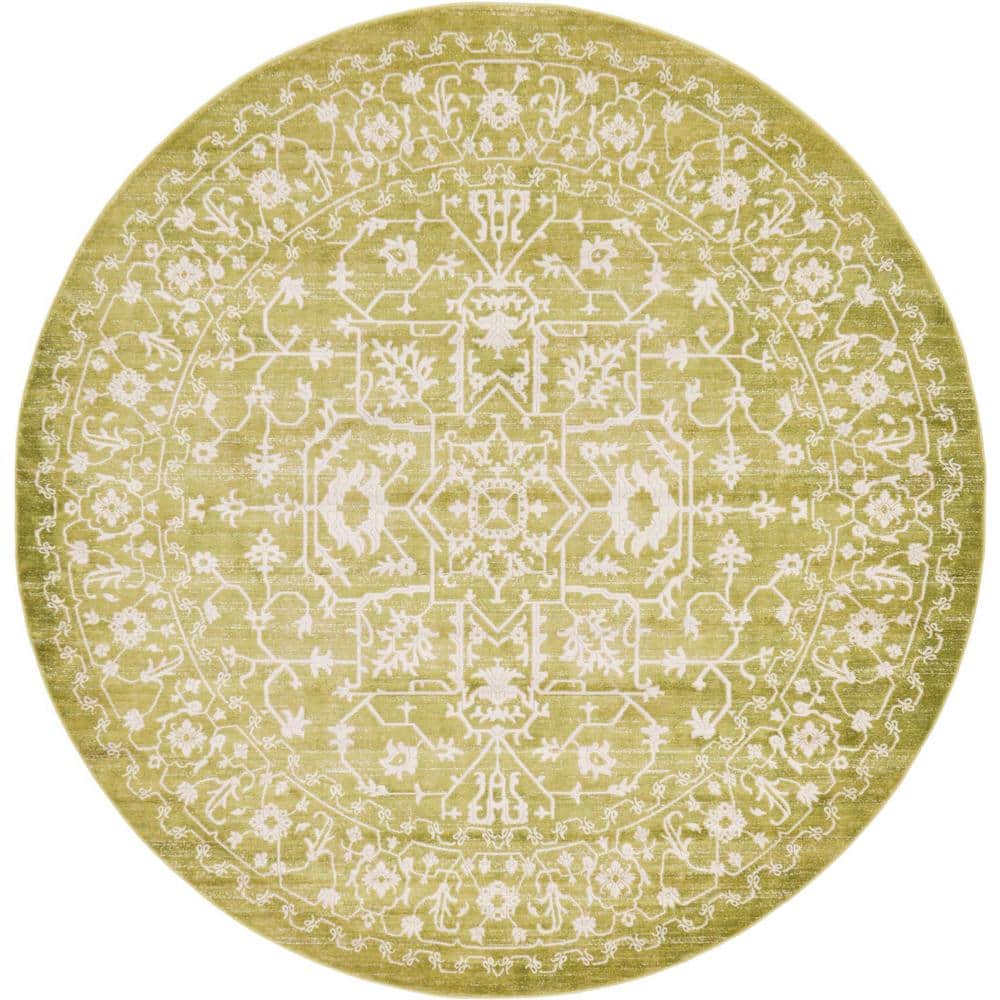 Round Light Green Abstract Synthetic Easy Care Rug