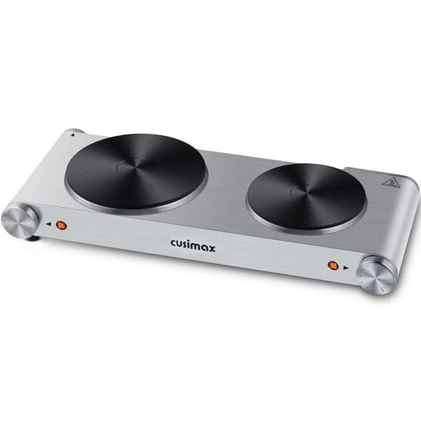 JEREMY CASS Double Cast Iron Burner 7.4 in. and 6.1 in. Stainless Steel Hot Plate in Sliver with 7-Gear Temperature Controls