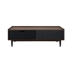 Duane 47.24 in. Brown and Black Modern Rectangle MDF Ribbed Coffee Table with Drawer and Shelf