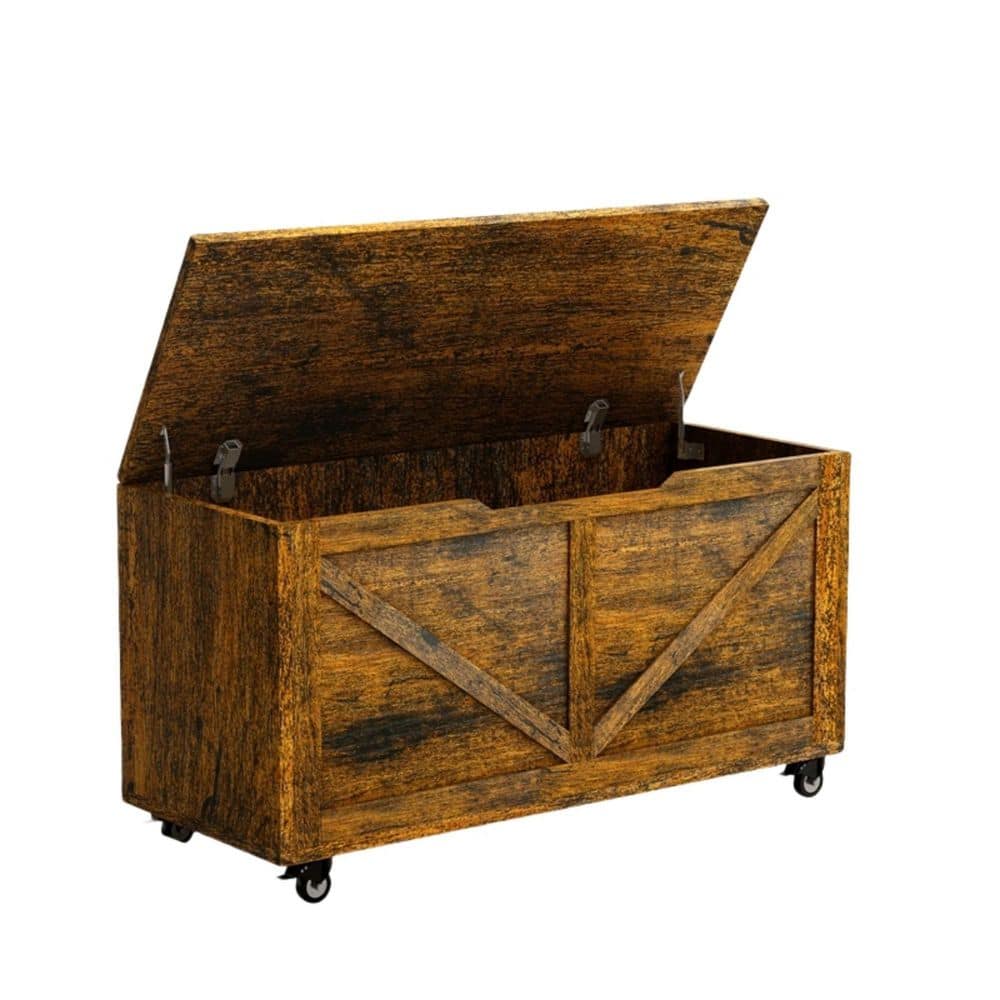 Brown Storage Chest 39.4 in. W Entryway Bench on Wheels with Brakes Sturdy 