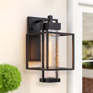 Velner 1-Light Satin Black Aluminum Outdoor Hardwired Waterproof Lantern Wall Sconce with Bubble Glass
