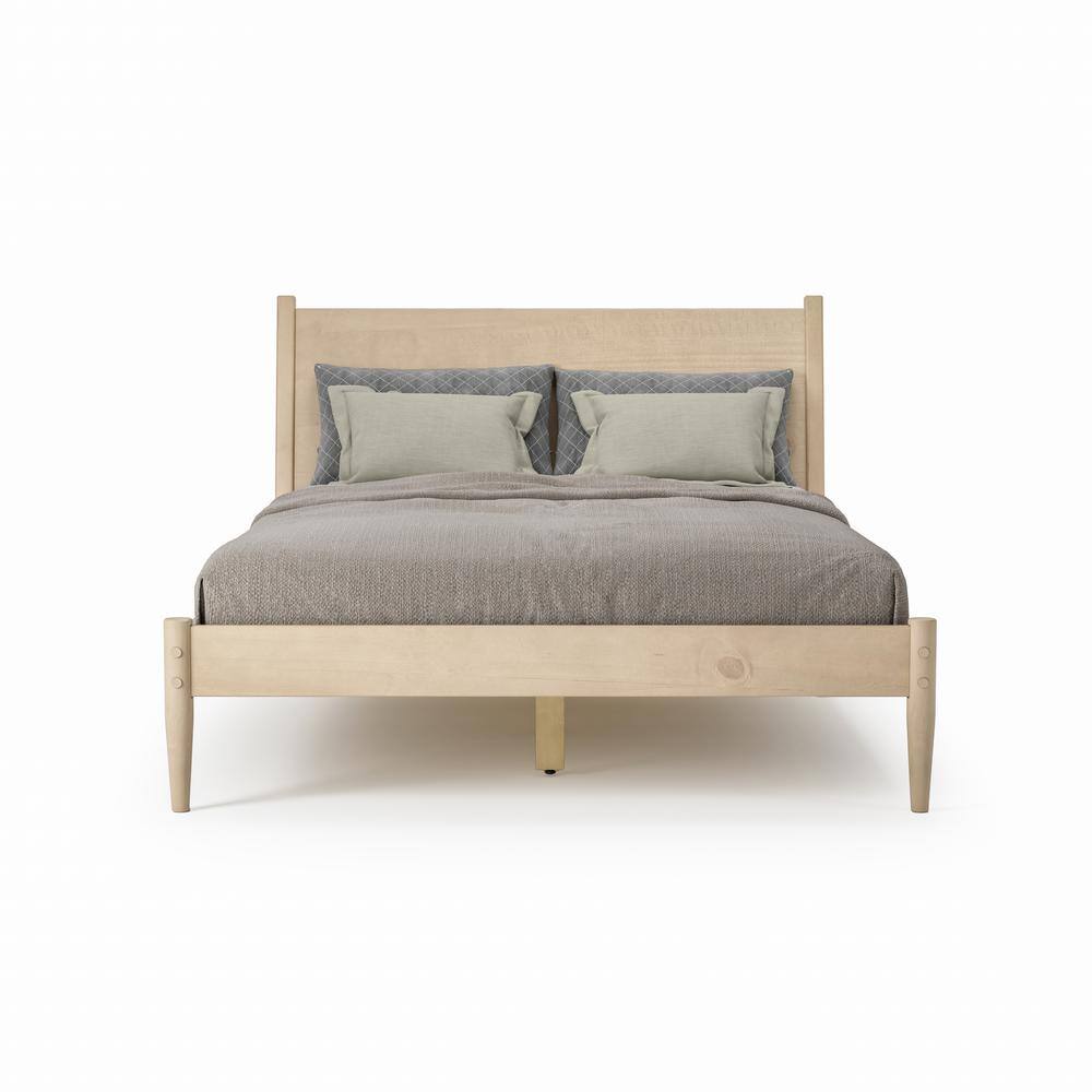 Mid-Century Light Oak Beige Solid Wood Frame Queen Panel Platform Bed