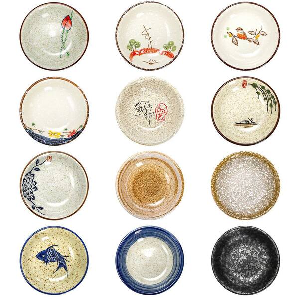 12-Piece Set of 2 Oz Round Ceramic Japanese Sauce Dishes with Assorted Traditional Patterns for Sushi