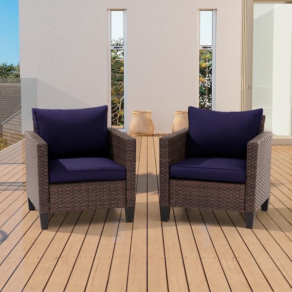 2-Piece Patio Sofa Brown Wicker Outdoor Single Sofa Set, Navy Blue