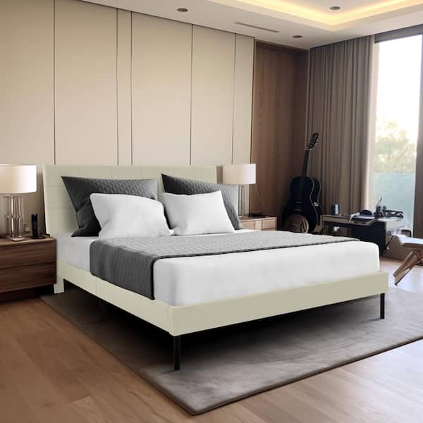 JEAREY Alex Beige Metal Frame Full Platform Bed with Headboard