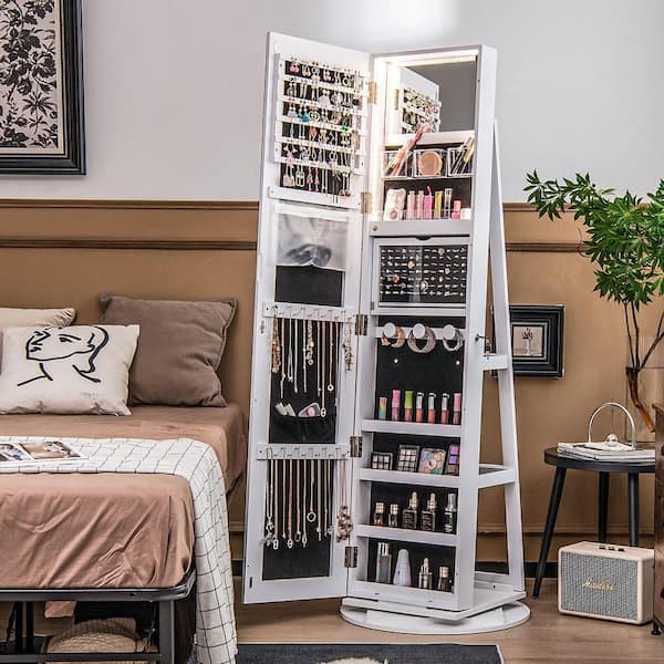 360° Rotating Mirrored Jewelry Cabinet w/High Mirror and Storage Shelves White