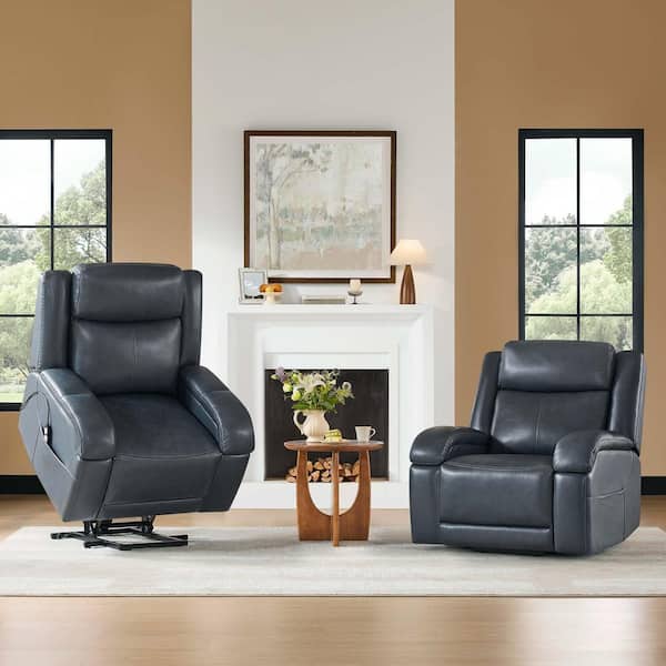 Vito Navy Leather Dualmotor Powerlift Recliner w/ Adjustable Headrest, Massage & Heating Functions & Storage Pocket