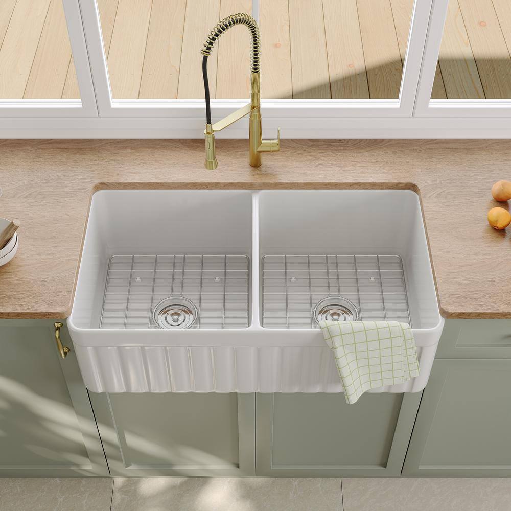 Nova 33" White Fireclay Double Basin Farmhouse Sink
