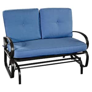 Metal Rocking Bench Outdoor Loveseat with Blue Cushions