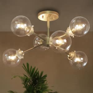 Modern Matte Gold Sputnik 6-Light 25 in. Semi-Flush Mount Ceiling Light with Clear Globe Glass Shades for Dining Room