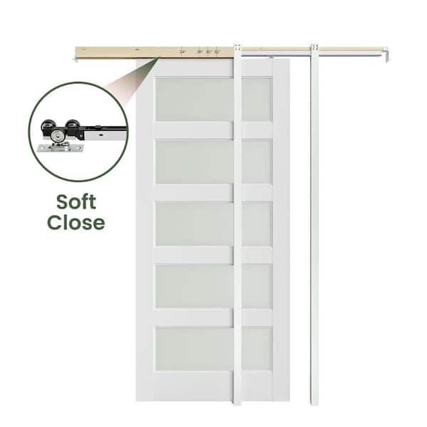 30 in. x 80 in. White Painted Composite and Frosted Glass 5 Lite Sliding Pocket Door with Frame and Hardware Included