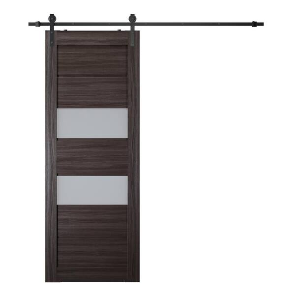 Belldinni Dessa 30 in. x 83.25 in. 2-Lite Frosted Glass Gray Oak Wood Composite Sliding Barn Door with Hardware Kit