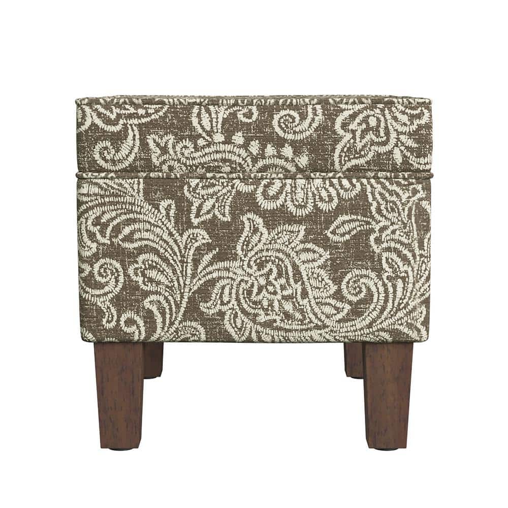 Brown Jacobean Print Upholstered Storage Ottoman with Hinged Lid