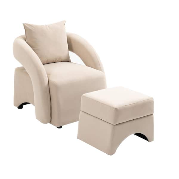 HOMEFUN Modern Beige Velvet Upholstered Barrel Arm Accent Chair with Ottoman