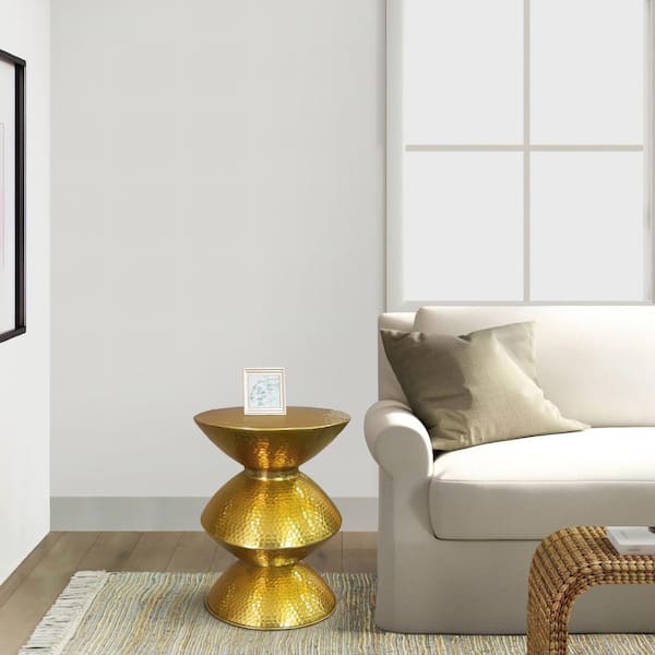 THE URBAN PORT 14.5 in. Gold and Brass Round Aluminum Side End Table with  Hammered Embossed Metal Surface and Turned Pedestal Base UPT-276800 The  Home Depot