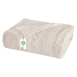 GOTS Certified Organic Cotton Throw Blanket Ivory 50 in.x70 in. for Sofa Couch Bed, Cable Knitted Throw Blanket