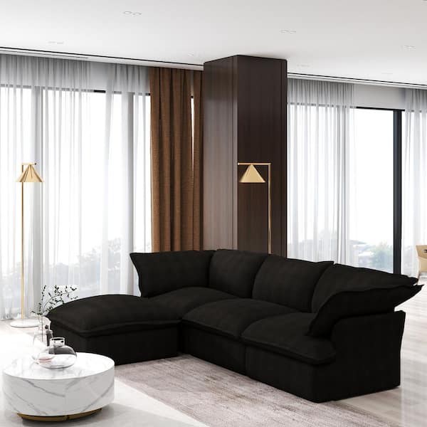 J&E Home 122 in. Flared Arm 4-Piece linen Modular Sectional Sofa in Black with Storage Ottoman
