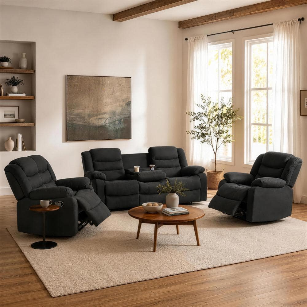 Ellesophas 3 Piece Fabric Black Manual Reclining Sofa Set with