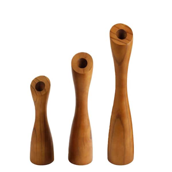 Brown Wooden Taper Candle Holders Set (9 in. 8 in. 6 in.) for 7/8 in. Candlesticks-Table Centerpiece Decor