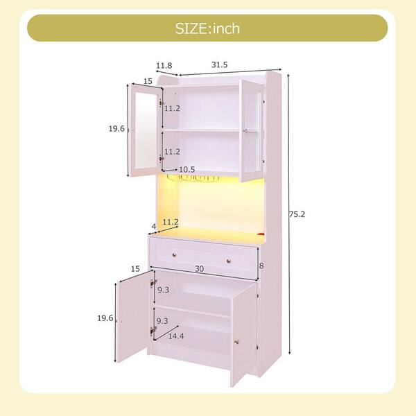 FUNKOL 31.5 in. x 15.75 in. x 70.87 in. White Classic MDF Kitchen Cabinet with Light Charging Stand Microwave Shelf & 1-Drawer