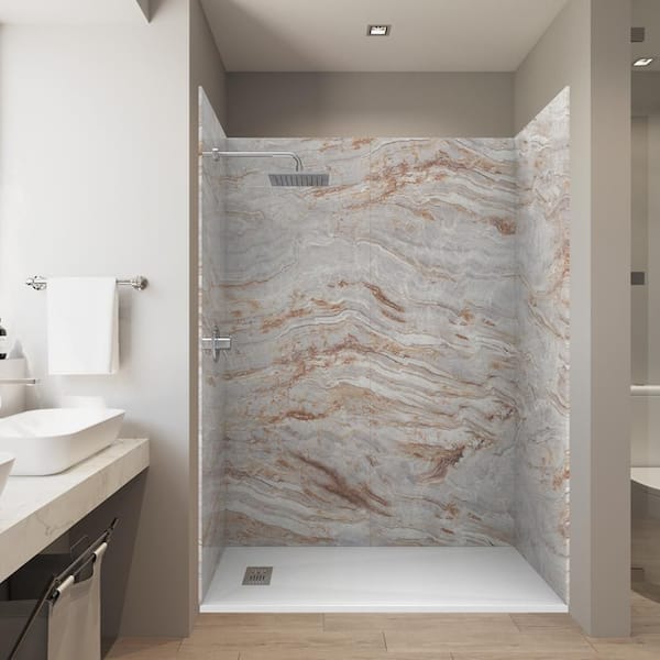 Nacarado Brown 32 in. x 60 in. x 84 in. Solid Composite Stone Alcove Shower Kit with Walls and White Pan Base L/R Drain