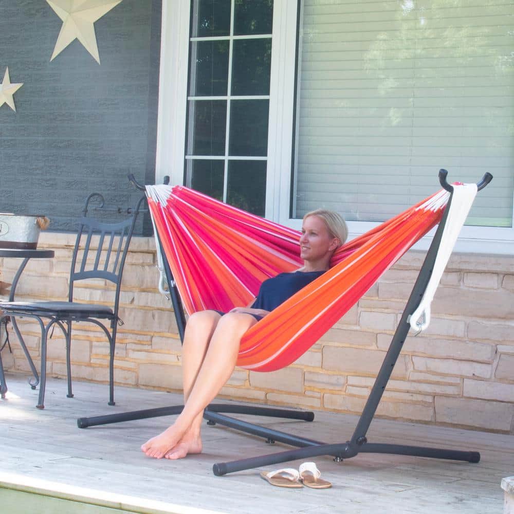Vivere 9ft Red and Orange Cotton Double Hammock with Steel Stand