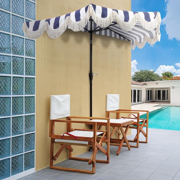 Beverly 9 ft. Scalloped Fringe Half Market Patio Umbrella with Crank, Push Button Tilt and UV Protection in Navy/White