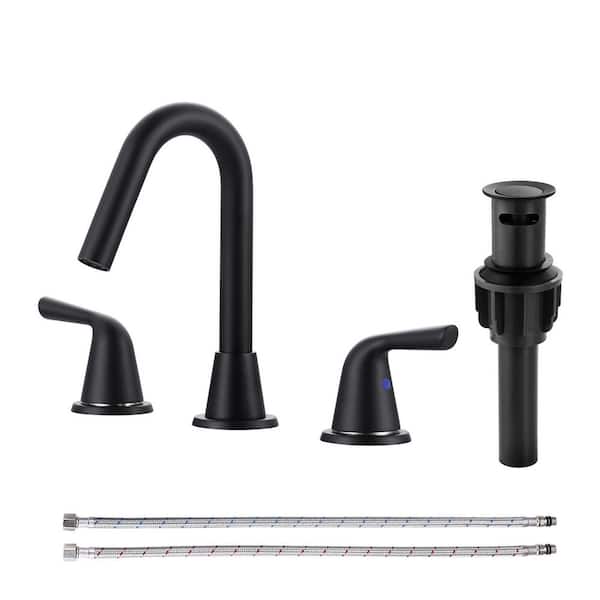 VEVETTA 8 in. Widespread Double Handle Bathroom Faucet with Pop-Up Drain in Matte Black