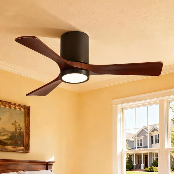 42 in. Smart Black 6-Speed Solid Wood Brown Blade Flush Mount Ceiling Fan with 3-Color LED Light and APP, Remote Control