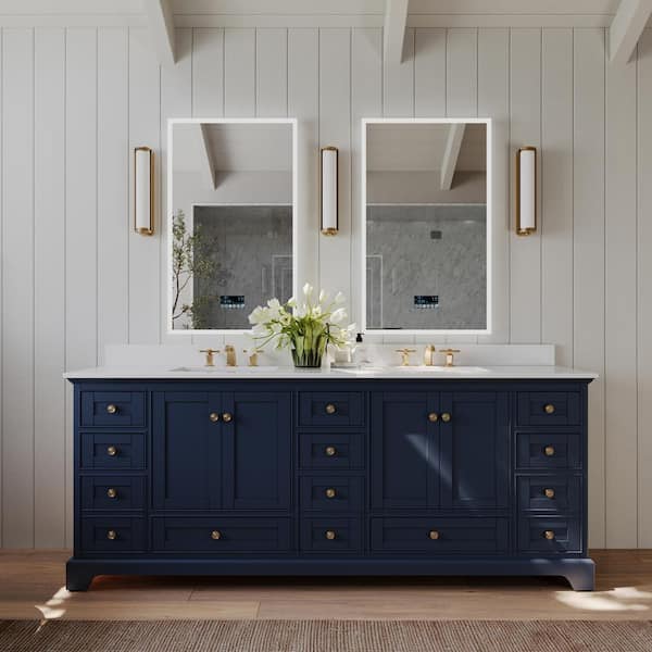 Ancerre Designs Audrey 84 in. W x 22 in. D x 34.3 in. H Double Sinks Bath Bath Vanity in Heritage Blue with Alpine White Quartz Top