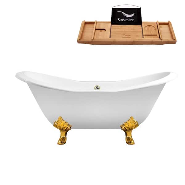 Streamline 61 in. Cast Iron Clawfoot Non-Whirlpool Bathtub in Glossy White with Brushed Nickel Drain and Polished Gold Clawfeet