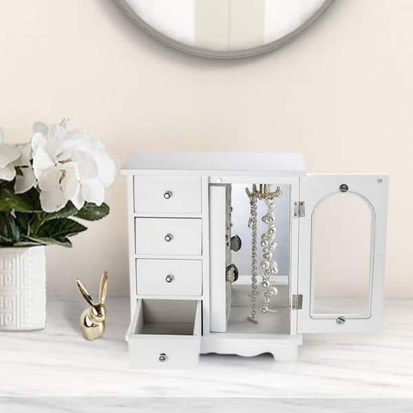 White Rectangular Wood Jewelry Box with 4 Drawers and Swing Door