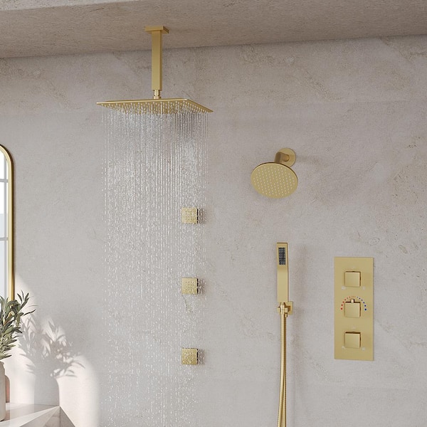 ZenithRain Shower System 8-Spray 12 and 6 in. Dual Shower Head and Handheld Shower Head 2.5 GPM in Brushed Gold