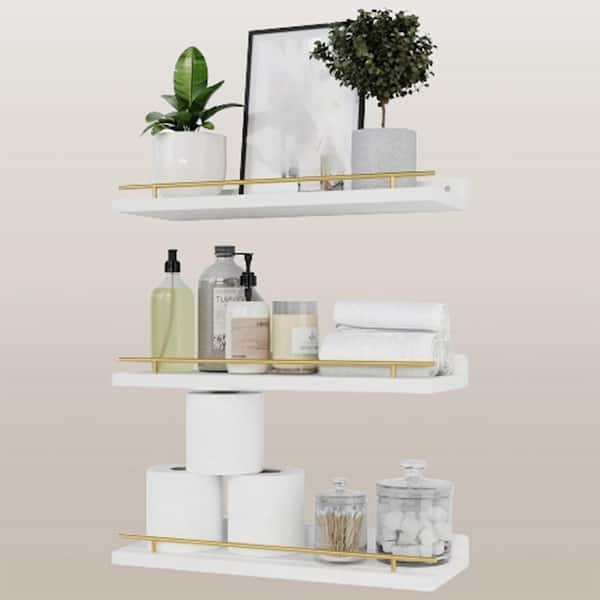Unbranded 15 in. W x 6 in. D White and Gold Floating Shelves with Metal Guardrail Decorative Wall Shelf (Set of 3)
