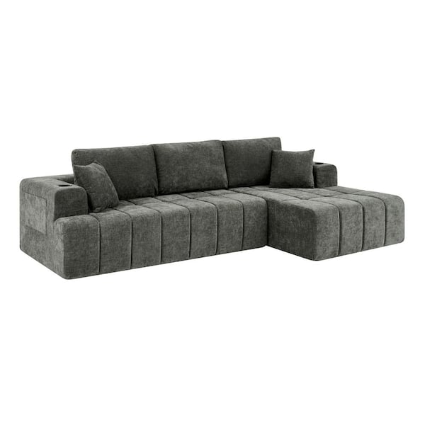 Caroun 108.3 in. W L-Shaped Square Arm Chenille Modular Sectional Sofa in Dark Gray with Side Pockets