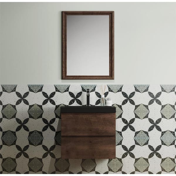 Abruzzo Angela 24 in. W x 18.7 in. D x 20.5 in. H Wall Hung Bath Vanity in Rosewood with Black Quartz Sand Solid Surface Top