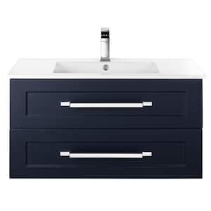 Riga 36 in. x 18 in. D x 20 in. H Single Sink Wall Mount Vanity in Blue with Rectangular White Basin with Acrylic Top