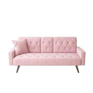 72 in. Pink Velvet Twin Size Sofa bed with 2 Cup Holders
