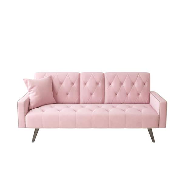 Unbranded 72 in. Pink Velvet Twin Size Sofa bed with 2 Cup Holders