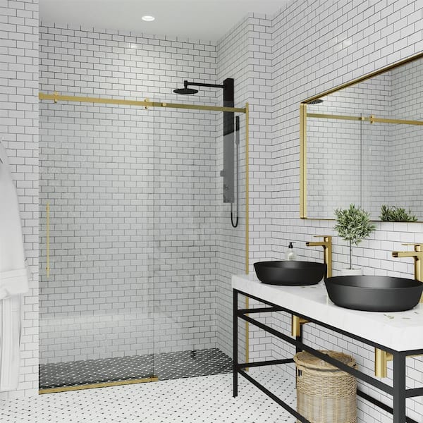 Luca 56 to 60 in. W x 79 in. H Frameless Sliding Shower Door in Matte Brushed Gold with 3/8 in. (10 mm) Clear Glass