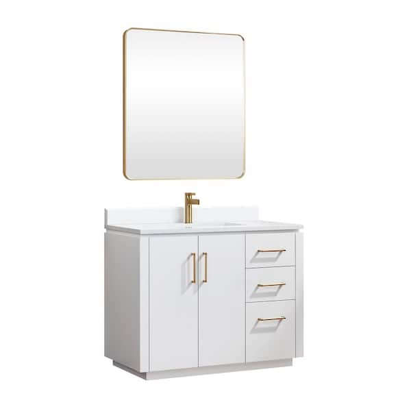 San 42 in.W x 22 in.D x 33.8 in.H Single Bath Vanity in White with White Engineered Stone Top and Mirror