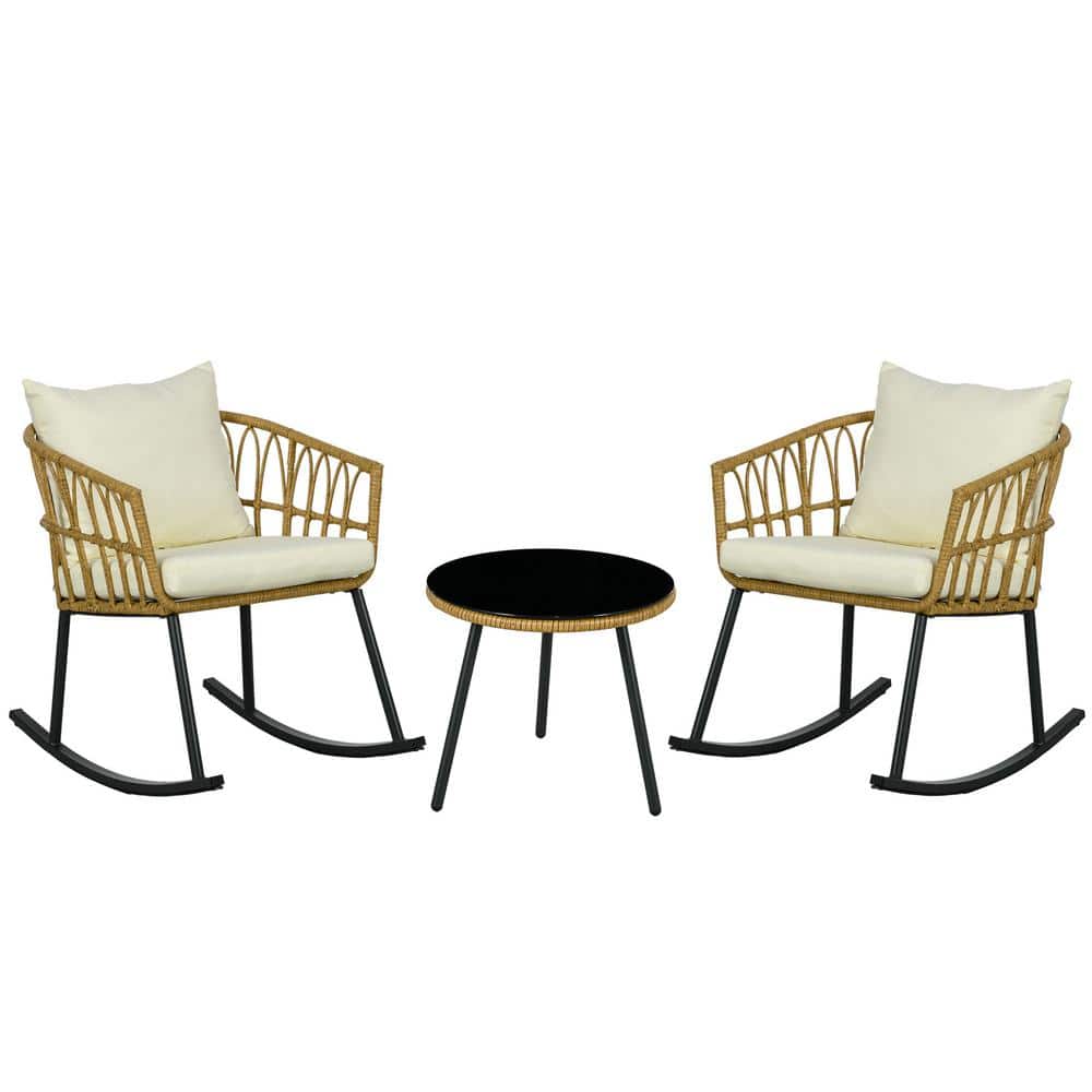 Cream White Cushioned Wicker Rocking Chair Patio Set with Glass Table